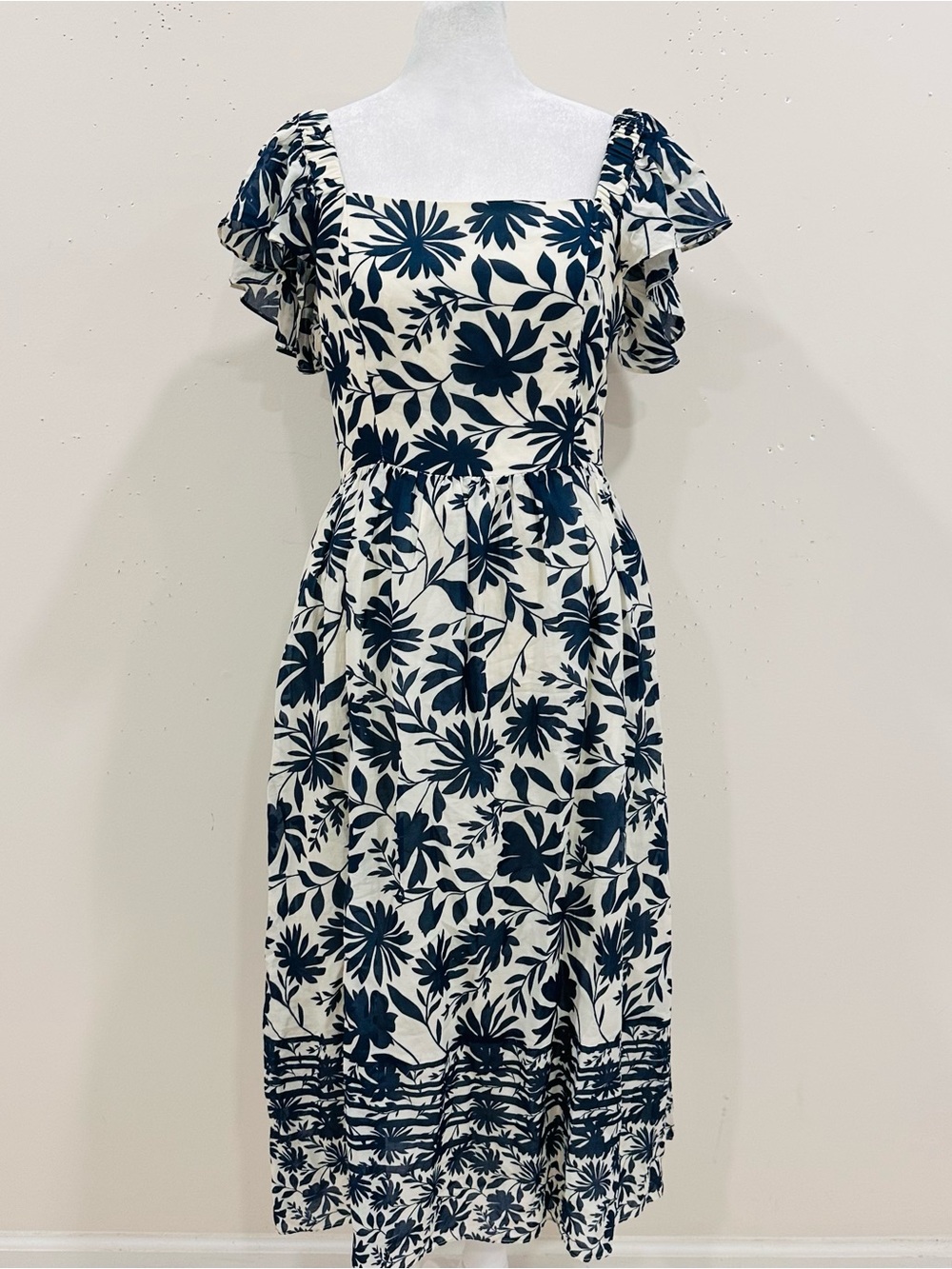 Caballero Smocked Midi Dress M Medium Blue White Cotton Viscose Floral